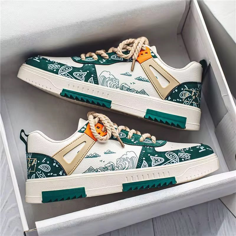 Sneakers Street Art Édition - Motif Vague Japonaise & Bandana, Style Urbain Unique”