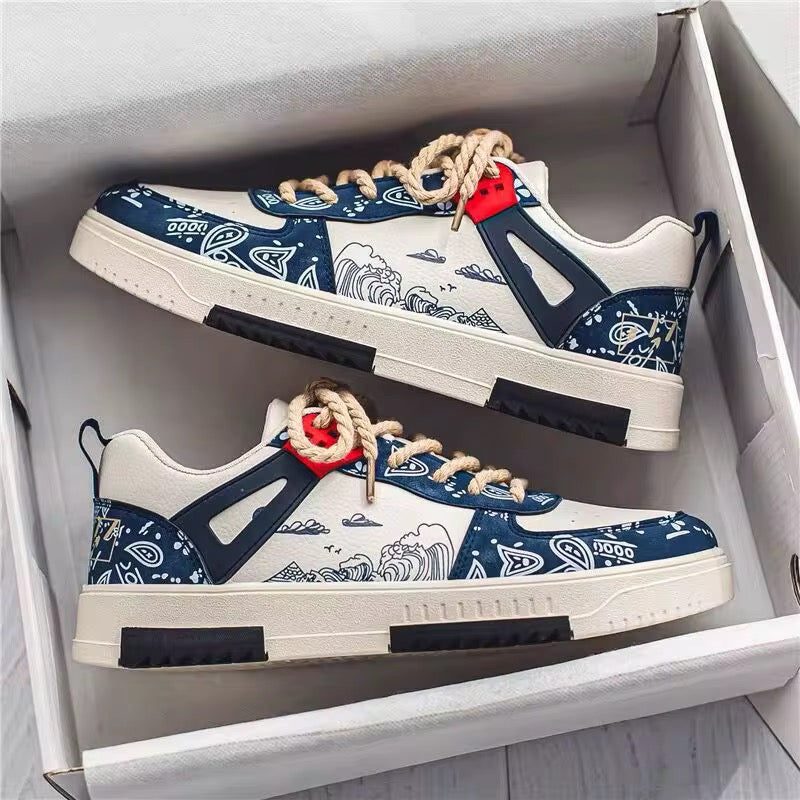 Sneakers Street Art Édition - Motif Vague Japonaise & Bandana, Style Urbain Unique”